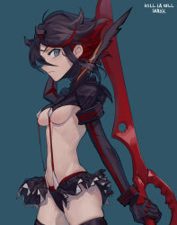 Rule 34 | 1girl, absurdres, black hair, black skirt, black thighhighs, blue background, blue eyes, breasts, cleavage, closed mouth, commentary, copyright name, cowboy shot, expressionless, frilled skirt, frills, from side, hair between eyes, highres, holding, holding sword, holding weapon, horns, kill la kill, looking at viewer, matoi ryuuko, max-k, medium breasts, microskirt, midriff, multicolored hair, navel, profile, red hair, reverse grip, scissor blade (kill la kill), senketsu, short hair, shrug (clothing), simple background, skindentation, skirt, solo, streaked hair, suspender skirt, suspenders, sword, thighhighs, thighs, two-tone hair, underboob, weapon