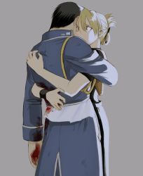 Rule 34 | 1boy, 1girl, aiguillette, amestris military uniform, arm at side, black hair, black pants, blonde hair, blood, blood on clothes, blood on hands, blue jacket, crying, crying with eyes open, facing away, folded ponytail, fullmetal alchemist, grey background, hair between eyes, hand up, hands on another&#039;s back, highres, holster, hug, injury, jacket, long sleeves, looking away, ozaki (tsukiko3), pants, riza hawkeye, roy mustang, shirt, short hair, short sleeves, shoulder holster, simple background, standing, tears, untucked shirt, updo, white shirt, wristband