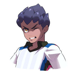 Rule 34 | 1boy, bright pupils, clenched teeth, collared shirt, commentary request, creatures (company), dark-skinned male, dark skin, furrowed brow, game freak, gym challenge uniform, highres, hop (pokemon), korean commentary, looking up, male focus, nintendo, one eye closed, pokemon, pokemon swsh, purple hair, redlhzz, shirt, short hair, simple background, solo, teeth, upper body, white background, white pupils, white shirt, yellow eyes