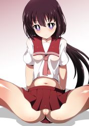 Rule 34 | 1girl, arm support, black hair, blue eyes, blush, breasts, female focus, flaming eye, gradient background, highres, long hair, low ponytail, medium breasts, midriff, navel, nelly virsaladze, no bra, no panties, pleated skirt, ponytail, pussy, red skirt, saki (manga), school uniform, see-through, shiny skin, skirt, solo, spread legs, uncensored, very long hair, xiao rui rui