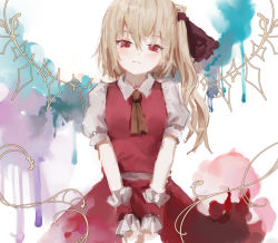 Rule 34 | 1girl, ascot, blonde hair, blush, cloud, crystal, expressionless, flandre scarlet, hair between eyes, highres, looking at viewer, no headwear, puffy short sleeves, puffy sleeves, red eyes, red skirt, red vest, reddizen, ribbon, shirt, short sleeves, skirt, skirt set, sky, solo, touhou, v arms, vest, white shirt, wings