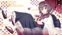 Rule 34 | 1girl, back bow, black bow, black skirt, bow, brown hair, commission, cup, e (eokiba), floral background, frilled skirt, frills, hair ornament, hair ribbon, highres, holding, holding cup, holding saucer, japanese clothes, kimono, kosode, long hair, low twintails, oil-paper umbrella, okobo, original, red eyes, red footwear, red ribbon, ribbon, sandals, saucer, skeb commission, skirt, socks, solo, tabi, teacup, twintails, umbrella, white socks, x hair ornament