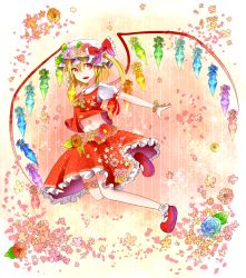 Rule 34 | 1girl, ascot, blonde hair, blue flower, blue rose, bow, flandre scarlet, flower, flower request, frilled bow, frills, full body, hair bow, hat, hat bow, midriff, mob cap, petals, puffy short sleeves, puffy sleeves, red bow, red eyes, red footwear, red skirt, red vest, rose, sakizaki saki-p, shoes, short sleeves, side ponytail, skirt, solo, touhou, vest, wings