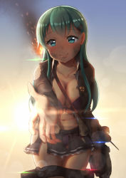 Rule 34 | 10s, 1girl, blouse, breasts, brown skirt, brown sweater, cleavage, collarbone, fire, green eyes, green hair, jacket, kantai collection, large breasts, long hair, long sleeves, maku ro, panties, pleated skirt, purple panties, shirt, skirt, smile, solo, suzuya (kancolle), sweater, torn clothes, torn jacket, torn shirt, torn skirt, torn sweater, underwear, white shirt