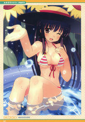 Rule 34 | 1girl, absurdres, bikini, black hair, blush, framed, front-tie top, hat, highres, image sample, one eye closed, red eyes, sikorsky, sitting, smile, solo, string bikini, striped bikini, striped clothes, submerged, sun hat, swimsuit, wading pool