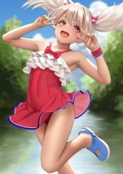 Rule 34 | 1girl, armpits, bare shoulders, blonde hair, blue footwear, blush, breasts, collarbone, covered navel, double v, dress swimsuit, fate/grand order, fate (series), hair bobbles, hair ornament, highres, illyasviel von einzbern, illyasviel von einzbern (swimsuit archer), illyasviel von einzbern (swimsuit archer) (second ascension), legs, long hair, looking at viewer, one-piece swimsuit, open mouth, red eyes, red one-piece swimsuit, sandals, small breasts, smile, swimsuit, teeth, thighs, twintails, upper teeth only, v, water, white hair, wristband, yamaneko (tkdrumsco)
