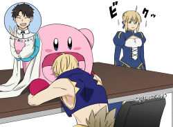 1girl 2boys ahoge artoria_pendragon_(fate) black_hair blonde_hair blue_dress blue_vest braid chair character_doll cleavage_cutout closed_eyes clothing_cutout commentary_request cropped_vest dress fate/grand_order fate_(series) fujimaru_ritsuka_(male) gilgamesh gilgamesh_(caster)_(fate) gilgamesh_(fate) green_eyes hat highres juliet_sleeves kirby kirby_(series) long_sleeves moonlight_0423 multiple_boys nintendo open_mouth puffy_sleeves saber_(fate) smile table translation_request twitter_username unworn_hat unworn_headwear v vest