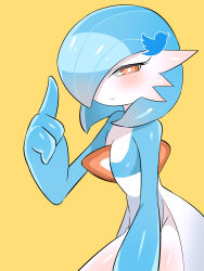 Rule 34 | 1girl, absurdres, alternate color, blue hair, blue skin, blush, bob cut, bright pupils, closed mouth, colored skin, cowboy shot, creatures (company), ddingyong, ear blush, female focus, flat chest, game freak, gardevoir, gen 3 pokemon, hair ornament, hair over one eye, half-closed eyes, hand up, happy, highres, index finger raised, looking at viewer, multicolored skin, nintendo, one eye covered, orange eyes, pokemon, pokemon (creature), shiny pokemon, shiny skin, short hair, simple background, smile, solo, standing, twitter logo, two-tone skin, white pupils, white skin, yellow background