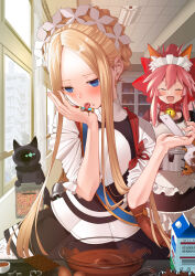 Rule 34 | 2girls, abigail williams (fate), abigail williams (festival outfit) (fate), absurdres, alternate costume, animal ear fluff, animal ears, animal hands, apron, bell, black dress, black skirt, blonde hair, blue eyes, blush, bow, braid, breasts, cat, chocolate, closed eyes, collar, dress, enmaided, fate/extra, fate/grand order, fate (series), forehead, fox ears, fox girl, french braid, frills, gloves, hair between eyes, hair bow, highres, jingle bell, keyhole, large breasts, layered skirt, long hair, maid, maid headdress, milk carton, mixing bowl, multiple girls, neck bell, open mouth, parted bangs, paw gloves, pink hair, ponytail, puffy short sleeves, puffy sleeves, red bow, sash, shiro ami, short sleeves, sidelocks, skirt, sleeves past fingers, sleeves past wrists, small breasts, smile, tamamo (fate), tamamo cat (fate), tamamo cat (second ascension) (fate), tongue, tongue out, very long hair, white apron, white dress, window