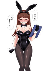 Rule 34 | 1girl, animal ears, black gloves, blush, bow, bowtie, breasts, brown hair, clenched hand, clenched teeth, detached collar, closed eyes, gloves, kantai collection, large breasts, leotard, long hair, ooi (kancolle), pantyhose, playboy bunny, rabbit ears, sasakura (calicchio), teeth, white background, wrist cuffs