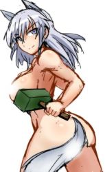 Rule 34 | 1girl, animal ears, ass, aurora e. juutilainen, blue eyes, breasts, explosive, female focus, grenade, grey hair, kasapanos, kunashiri (etorofu), large breasts, long hair, nude, satchel charge, solo, strike witches, tail, world witches series