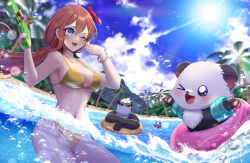 Rule 34 | 1girl, animal, animal ears, animal hands, armpits, beach, bikini, blush, bracelet, breasts, bubble, buoy, character request, cloud, coconut, coconut tree, copyright request, ears, fangs, flower, flower hair ornament, forest, hair tie, holding, holding weapon, jewelry, kamaniki, lens flare, long hair, medium breasts, mountain, mountainous horizon, nature, navel, ocean, one eye closed, open mouth, palm tree, panda, panda ears, sun, sunglasses, swimsuit, thighs, tree, very long hair, water, water gun, watermark, waves, weapon, wet, wink