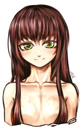 Rule 34 | 1girl, absurdres, blush, breasts, brown hair, close-up, closed mouth, commentary request, cropped torso, dated, green eyes, hair between eyes, hair censor, hair over breasts, highres, kotoba noriaki, long hair, nude, signature, simple background, small breasts, smile, solo, white background