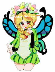 Rule 34 | 1girl, :d, blonde hair, blush, braid, butterfly wings, cropped legs, eyes visible through hair, fairy, head wreath, insect wings, leaf, long hair, long sleeves, looking at viewer, mafuyu hemp, mercedes (odin sphere), nose blush, odin sphere, open mouth, parted bangs, red eyes, short jumpsuit, simple background, sleeves past wrists, smile, solo, thigh gap, twin braids, v, white background, wings