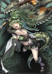 Rule 34 | 1girl, absurdres, arknights, arm tattoo, biceps, black gloves, breasts, chain, cleavage, commission, crocodilian tail, elbow gloves, eyewear on head, fingerless gloves, gavial (arknights), gavial the invincible (arknights), gloves, green hair, green scales, highres, holding, holding chain, kuromu, looking at viewer, medium breasts, muscular, muscular female, open mouth, pointy ears, short shorts, shorts, skeb commission, solo, stirrup legwear, tail, tattoo, toeless legwear, yellow eyes