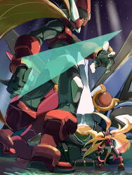 Rule 34 | absurdres, android, armor, blonde hair, boots, crop top, crotch plate, energy sword, from behind, green eyes, highres, holding, holding sword, holding weapon, light rays, long hair, mecha, mega man (series), mega man zero (series), mega man zero 3, omega (mega man), omochi (mochi skymega), purple eyes, red armor, red footwear, robot, smirk, standing, standing on liquid, sword, weapon, z saber, zero(z) (mega man), zero (mega man)