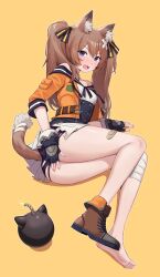Rule 34 | 1girl, animal ear fluff, animal ears, ass, bandage on hair, bandage on leg, bare shoulders, blue eyes, blush, bomb, breasts, brown hair, bygin, cat ears, cat girl, cat tail, chen yang yang, covering ass, covering privates, explosive, fingerless gloves, gloves, hair ribbon, highres, jacket, long hair, lying, miniskirt, off-shoulder jacket, off shoulder, on side, open mouth, orange background, orange jacket, ribbon, shoes, single fang, single shoe, skirt, small breasts, soles, solo, tail, tevi, thighs, torn clothes, twintails, vena (tevi)
