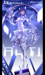 Rule 34 | 1girl, animal ears, black hair, bodysuit, breasts, commission, fake animal ears, full body, glowing, glowing eyes, highres, mecha musume, mechanical arms, mechanical ears, mechanical legs, mechanical tail, medium breasts, oversized forearms, oversized limbs, pillarboxed, purple eyes, rubble, short hair, sin6, skeb commission, skin tight, solo, standing, standing on one leg, tail, vrchat, white bodysuit
