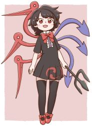 Rule 34 | 1girl, :d, arms at sides, asymmetrical wings, black dress, black hair, black thighhighs, blush, border, bow, bowtie, dress, full body, holding, houjuu nue, looking at viewer, open mouth, pink background, pleated dress, polearm, poronegi, red bow, red bowtie, red eyes, red footwear, shoes, short dress, short hair, short sleeves, simple background, smile, solo, thighhighs, touhou, trident, weapon, white border, wings