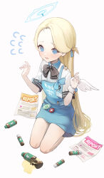 Rule 34 | 1girl, @ @, absurdres, angel wings, apron, black bow, black bowtie, blonde hair, blue apron, blue archive, bottle, bow, bowtie, broken bottle, commentary, flying sweatdrops, full body, halo, hands up, highres, long hair, looking at viewer, lunia, open mouth, parted bangs, short sleeves, simple background, sitting, solo, sora (blue archive), strap slip, tearing up, very long hair, white background, wings