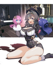 Rule 34 | 1girl, :d, absurdres, black footwear, black hat, black leotard, boots, breasts, character doll, character request, cleavage, commentary request, elysia (honkai impact), grey hair, hair intakes, hand puppet, hat, highres, honkai (series), honkai impact 3rd, leotard, long sleeves, medium breasts, multicolored hair, open mouth, puppet, raiden mei, raiden mei (herrscher of thunder), redfish, sharp teeth, smile, solo, teeth, top hat, two-tone hair, vill-v