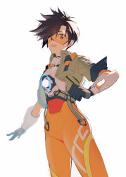Rule 34 | 1girl, :d, bodysuit, bomber jacket, brown eyes, brown hair, chest harness, collar, collared jacket, eyes visible through hair, gloves, goggles, grey gloves, grey jacket, harness, highres, jacket, looking at viewer, maro (lij512), open clothes, open mouth, orange-tinted eyewear, orange bodysuit, orange goggles, overwatch, overwatch 1, short hair, simple background, smile, solo, spiked hair, standing, tinted eyewear, tracer (overwatch), vambraces, visor, white background