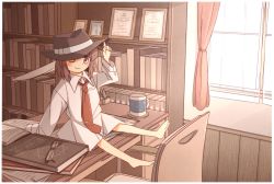 Rule 34 | 1girl, blouse, book, bottomless, brown eyes, brown hair, child, collared shirt, glasses, hat, index finger raised, indoors, necktie, no pants, one eye closed, oversized clothes, photo (object), red necktie, shirt, short hair, sitting, smile, solo, tie clip, touhou, unagi sango, usami renko, white shirt, aged down