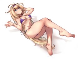 Rule 34 | 1girl, absurdres, barefoot, bikini, blonde hair, blue eyes, blush, breasts, commission, full body, granblue fantasy, hair intakes, hairband, hand in own hair, highres, invisible chair, jeanne d&#039;arc (granblue fantasy), kelvin hiu, leg up, long hair, looking at viewer, medium breasts, messy hair, navel, o-ring, o-ring bikini, purple bikini, purple hairband, reclining, revision, side-tie bikini bottom, sitting, solo, sweatdrop, swimsuit, thick thighs, thighs, toes, underboob, very long hair