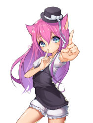 Rule 34 | 1girl, absurdres, animal ears, bad id, bad pixiv id, blue eyes, blush, bow, cat ears, dduck kong, finger to mouth, hat, highres, long hair, looking at viewer, original, pink hair, ribbon, short sleeves, signature, solo, top hat, white bow, white ribbon