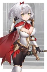 Rule 34 | 1girl, absurdres, alternate hairstyle, armor, black gloves, braid, breastplate, breasts, cape, cleavage, closed mouth, genshin impact, gloves, green eyes, grey hair, highres, holding, holding sword, holding weapon, knight, large breasts, looking at viewer, neckerchief, noelle (genshin impact), ponytail, red cape, red neckerchief, short ponytail, shoulder armor, smile, solo, sword, vambraces, verozy, weapon
