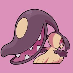 Rule 34 | bear ringer, commentary request, creatures (company), extra mouth, full body, game freak, gen 3 pokemon, looking back, mawile, nintendo, open mouth, outstretched arms, pink background, pokemon, pokemon (creature), red eyes, simple background, solo