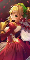 Rule 34 | 1girl, absurdres, ahoge, arched back, ass, ass cutout, back, back cutout, blonde hair, blush, breasts, butt crack, closed mouth, clothing cutout, dress, epaulettes, fate/grand order, fate (series), frills, from behind, gauntlets, green eyes, hair intakes, heart, highres, juliet sleeves, large breasts, long sleeves, looking at viewer, looking back, munseonghwa, nero claudius (fate), nero claudius (fate) (all), nero claudius (fate/extra), petals, puffy sleeves, red dress, short hair, sideboob, sidelocks, smile, solo, veil