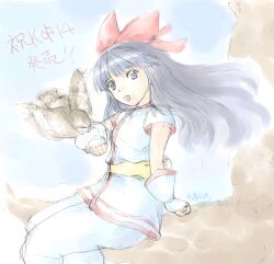 Rule 34 | 1girl, ainu clothes, arm support, artist name, blue eyes, blue hair, breasts, fingerless gloves, gloves, hair ribbon, hands on own chest, highres, japanese text, legs, long hair, mamahaha, nakoruru, pants, ribbon, samurai spirits, sitting, small breasts, smile, snk, the king of fighters, thighs, traditional media, translation request