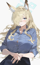 Rule 34 | 1girl, animal ear fluff, animal ears, black skirt, blonde hair, blue archive, blue eyes, blue halo, blue shirt, blush, breasts, buttons, collared shirt, fingernails, hair over one eye, halo, harebunny, highres, huge breasts, kanna (blue archive), long hair, open mouth, shirt, short sleeves, simple background, skirt, solo, white background