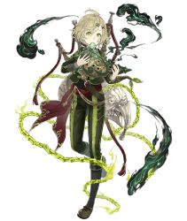 Rule 34 | 1boy, ahoge, asymmetrical bangs, bagpipes, chain, cropped jacket, frown, full body, green eyes, green hair, hair ornament, hairclip, instrument, instrument on back, ji no, leaf, looking at viewer, male focus, music, ocarina, official art, pants, pinocchio (sinoalice), playing instrument, sash, sinoalice, smoke, solo, stitched mouth, stitches, transparent background