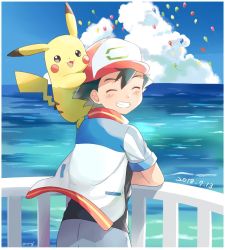 Rule 34 | 1boy, :3, artist name, ash ketchum, bad id, bad pixiv id, balloon, baseball cap, black hair, black shirt, blue sky, blush stickers, border, brown eyes, closed eyes, cloud, creatures (company), dated, day, denim, from behind, game freak, gen 1 pokemon, grin, happy, hat, jacket, jeans, jpeg artifacts, looking at viewer, looking back, male focus, mei (maysroom), multicolored clothes, multicolored jacket, nintendo, ocean, open mouth, outdoors, pants, pikachu, pokemon, pokemon (anime), pokemon (creature), pokemon the movie: the power of us, red headwear, shirt, short sleeves, signature, sky, smile, standing, teeth, water, white border