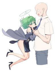 Rule 34 | 1boy, 1girl, absurdres, bald, bare shoulders, black footwear, black gloves, blue archive, chen yang yang, china dress, chinese clothes, collared shirt, cosplay, cropped legs, dress, dress shirt, from side, gloves, green eyes, green hair, hair intakes, halo, high heels, highres, kisaki (blue archive), kisaki (blue archive) (cosplay), long sleeves, looking at another, medium hair, necktie, one-punch man, pants, profile, saitama (one-punch man), shirt, short sleeves, striped, sweatdrop, tatsumaki, thighs, v-shaped eyebrows, vertical stripes, white shirt