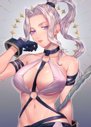 Rule 34 | 1girl, breasts, closed mouth, dress, gensou suikoden, gloves, high ponytail, highres, jeane (suikoden), jewelry, large breasts, long hair, looking at viewer, navel, ponytail, revealing clothes, sakai (motomei), silver hair, simple background, solo