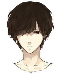 Rule 34 | 1boy, bisuko, brown eyes, brown hair, character request, copyright request, cropped shoulders, hair over one eye, light frown, looking down, male focus, short hair, simple background, third-party source, upper body, white background