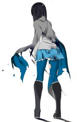 Rule 34 | 1girl, absurdres, black footwear, black hair, blue cape, blue pantyhose, blue skirt, boots, cape, doko tetora, facing away, from behind, full body, grey cape, grey jacket, highres, holding, holding sword, holding weapon, jacket, knee boots, kneepits, long hair, long sleeves, miniskirt, original, pantyhose, pleated skirt, rei (doko tetora), simple background, skirt, solo, standing, sword, torn clothes, torn pantyhose, torn skirt, two-sided cape, two-sided fabric, weapon, white background