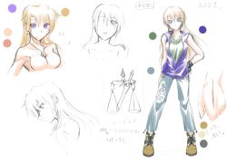 Rule 34 | 1girl, armored core, armored core 3, blonde hair, breasts, character sheet, female focus, from software, gloves, jacket, jewelry, long hair, necklace, partially colored, solo, white background