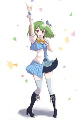 Rule 34 | 1girl, belt, black belt, black footwear, blue jacket, blue skirt, boots, bow, confetti, green hair, high heel boots, high heels, highres, holding, holding microphone, idol, jacket, macross, macross frontier, microphone, mintpompom, pointing, pointing up, ranka lee, red eyes, shirt, short hair, skirt, sleeveless, sleeveless jacket, smile, solo, white background, white shirt, wrist cuffs, yellow bow