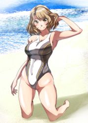 Rule 34 | 1girl, absurdres, alternate costume, armpits, beach, breasts, brown eyes, caustics, cleavage, competition swimsuit, covered navel, full body, grey one-piece swimsuit, hair between eyes, hand in own hair, highres, houston (kancolle), kantai collection, kasuta.net, kneeling, large breasts, light brown hair, looking at viewer, multicolored clothes, multicolored swimsuit, one-piece swimsuit, short hair, smile, solo, swimsuit, thighs, wavy hair, white one-piece swimsuit, wide hips