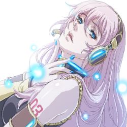 Rule 34 | 1girl, armband, armlet, bare shoulders, blue eyes, blue nails, female focus, glowing, glowing eyes, hair between eyes, headphones, headset, leaning, leaning back, light particles, lips, long hair, looking at viewer, lowres, matsudo aya, megurine luka, nail polish, oekaki, open mouth, pink hair, sleeveless, sleeveless turtleneck, solo, tattoo, turtleneck, upper body, vocaloid