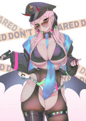 Rule 34 | 1girl, ass, bare shoulders, bat wings, between breasts, black bra, black footwear, black gloves, black thighhighs, blue necktie, blush, boots, bra, breasts, brown-tinted eyewear, cameltoe, cleavage, clothing cutout, collar, come hither, crotch cutout, dark-skinned female, dark skin, demon girl, demon horns, demon wings, earrings, garter straps, gloves, green eyes, hat, head tilt, heterochromia, highres, horns, impossible clothes, jacket, unworn jacket, jewelry, large breasts, looking at viewer, looking over eyewear, looking over glasses, mole, mole on breast, nail polish, naughty face, necktie, necktie between breasts, necktie between legs, original, pink-tinted eyewear, pink-tinted glasses, pink hair, pink nails, police, police hat, police uniform, policewoman, purple eyes, seductive smile, see-through, shiny skin, side cutout, skin tight, skindentation, smile, solo, suerte, sunglasses, thick thighs, thigh boots, thigh strap, thighhighs, thighs, tinted eyewear, underboob, underwear, uniform, wings