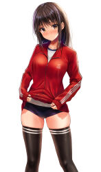 Rule 34 | 1girl, black hair, black thighhighs, blue buruma, blush, brown eyes, buruma, closed mouth, clothes lift, commentary request, gym shirt, highres, jacket, jacket lift, lifting own clothes, long sleeves, looking at viewer, medium hair, mole, mole on thigh, original, partially unzipped, red jacket, shirt, simple background, skindentation, sleeves past wrists, smile, solo, standing, thighhighs, track jacket, white background, white shirt, yukemuriganmo