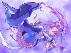 Rule 34 | 10s, 1girl, blue footwear, blue skirt, blue thighhighs, boots, brooch, cure beat, foreshortening, frills, full body, hair ornament, hairpin, high heels, highres, jewelry, kurokawa eren, long hair, love guitar rod, magical girl, ponytail, precure, puffy sleeves, purple background, purple hair, ryon, seiren (suite precure), shoes, skirt, smile, solo, suite precure, thigh boots, thighhighs, upskirt, yellow eyes