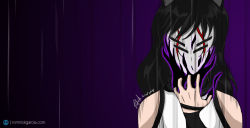 Rule 34 | 1girl, animal ears, aura, black background, black dress, black hair, blake belladonna, bleach, breasts, cat ears, cat girl, commentary, crossover, dark background, dark persona, dress, energy, english commentary, facing viewer, faunus (rwby), gradient background, hand up, highres, hollow (bleach), hollow mask, long hair, mask, patgarci, power-up, powering up, purple background, rwby, solo, upper body
