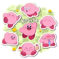 Rule 34 | . ., apple, blush, blush stickers, cake, checkered background, chiimako, closed eyes, commentary request, eating, food, fruit, holding, holding food, holding fruit, holding rock, kirby, kirby (series), kirby 64, multiple views, nintendo, no humans, o o, open mouth, rock, smile, star (symbol), strawberry shortcake