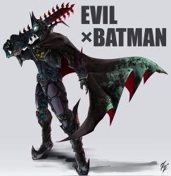 Rule 34 | 1boy, armor, batman, batman (series), cape, chainsword, commentary request, cowl, dc comics, english text, full body, fusion, gauntlets, glowing, glowing eyes, helmet, highres, holding, holding weapon, kamen rider, kamen rider evil, kamen rider revice, signature, simple background, solo, weapon, zagizagi, zipper
